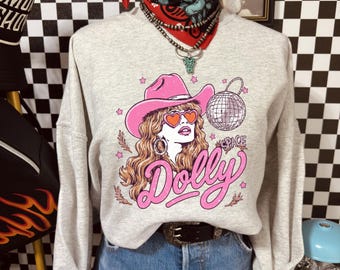 Chemise de cow-girl disco Dolly, t-shirt graphique western rose, chemise de concert country rétro, sweat-shirt inspiré de Dolly, cow-girl de Nashville sku5-96