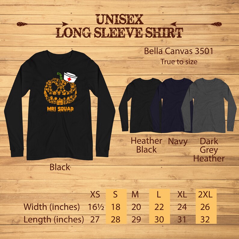 May include: Black unisex long sleeve shirt with a Halloween-themed pumpkin design. The pumpkin is filled with medical-related icons and the text "MRI SQUAD". Additional shirt colors are shown: Heather Black, Navy, and Dark Grey Heather. Sizes range from XS to 2XL.