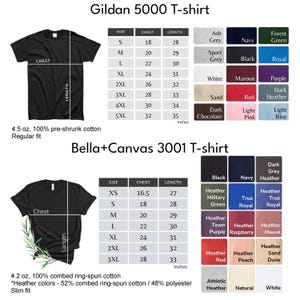 May include: Black Gildan 5000 and Bella+Canvas 3001 t-shirts with size charts and color options. The Gildan shirt has a regular fit and is 4.5 oz. The Bella+Canvas shirt has a slim fit and is 4.2 oz.