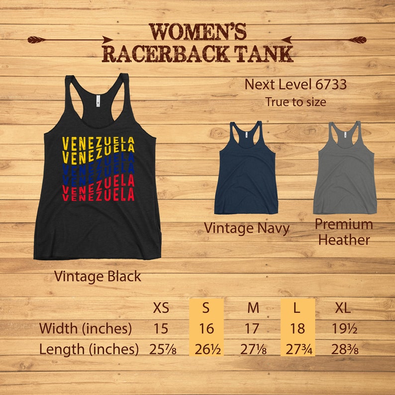 May include: A black racerback tank top with the word "VENEZUELA" in yellow, blue, and red. The tank top is shown with navy blue and gray tank tops. Measurements are provided in inches: width from 15 to 19.5 inches, length from 25.875 to 28.375 inches.