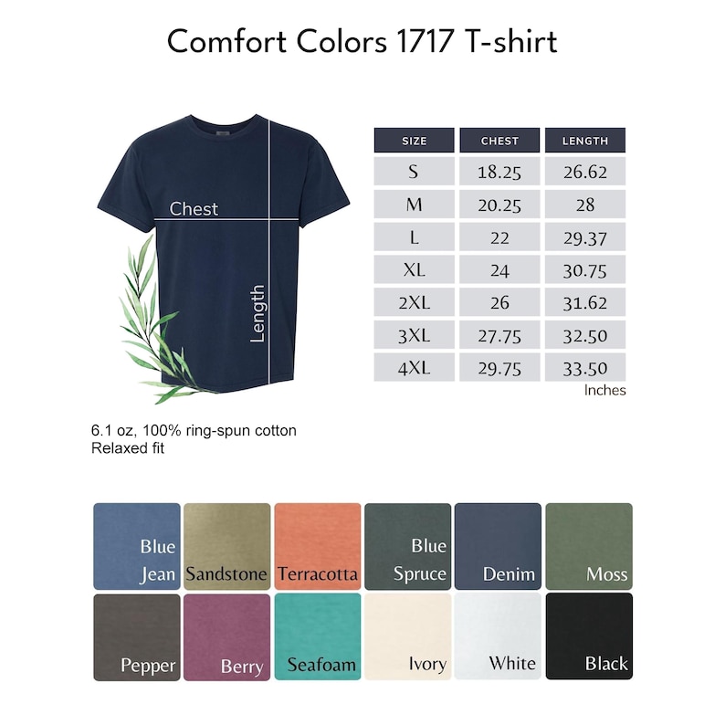 May include: A navy blue Comfort Colors 1717 T-shirt with size and color options. The shirt is made of 6.1 oz, 100% ring-spun cotton and has a relaxed fit. Available colors include Blue Jean, Sandstone, Terracotta, and more.