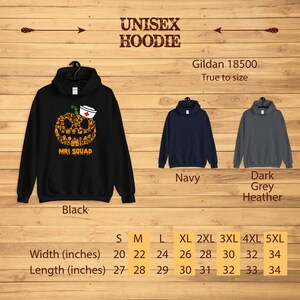 May include: Black unisex hoodie with a pumpkin design, a nurse's cap, and the text "MRI Squad." Additional hoodies in navy and dark grey heather are displayed. Size chart shows width from 20 to 34 inches and length from 27 to 34 inches.