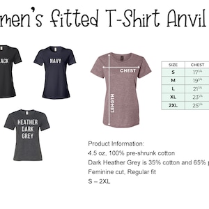 May include: Image of a women's fitted t-shirt in black, navy, and dark heather grey. The image includes a size chart with chest and length measurements in inches. The text on the image says "Women's fitted T-Shirt Anvil 880".