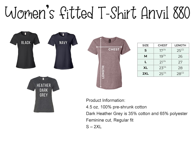 May include: Image of a women's fitted t-shirt in black, navy, and dark heather grey. The image includes a size chart with chest and length measurements in inches. The text on the image says "Women's fitted T-Shirt Anvil 880".