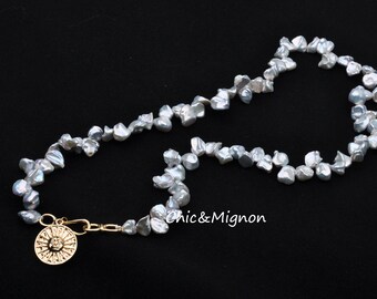 COLLANA CON PERLA IN ARGENTO RODIATO ORO BIANCO 18 KT E ZIRCONI TAGLIO
