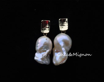 Natural Cream/Pink Fireball Pearl Earrings,Natural Baroque Pearl Earrings, Statement Pearl Earrings