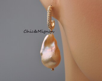 Natural Pink/Peach Fireball Pearl Stud Earrings,Natural Flameball Pearl Drop Earrings,Gold Earrings with Zircon