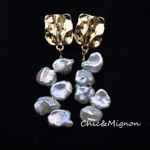Natural Metallic White Keshi Pearl Stud Earrings, Gold Vermeil Earrings