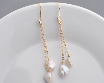 White Keshi Pearl Earring, Gold Filled Pearl Earrings, Golden Dangle Earrings-gift for her-gift for mom