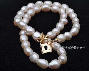Collar de perlas barroco natural con cerradura de oro, collar promesa de vida