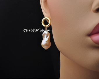 Large Natural Flameball Pearl Stud Earrings, Large Baroque Pearl Drop Earrings