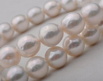 May include: A strand of white pearls, each pearl is round and smooth, with a slight iridescent sheen.