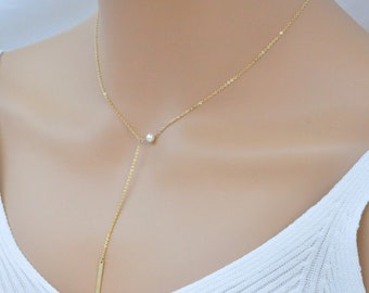 Y Necklace-Lariat Bar Necklace with Pearl-Gold Layering Necklaces - 14k Gold Filled Necklace - Minimalist Jewelry - Bridesmaids Gift