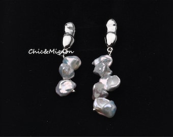 Amazing Metallic White Mismatching Keshi Pearl Earrings, Baroque Pearl Earrings