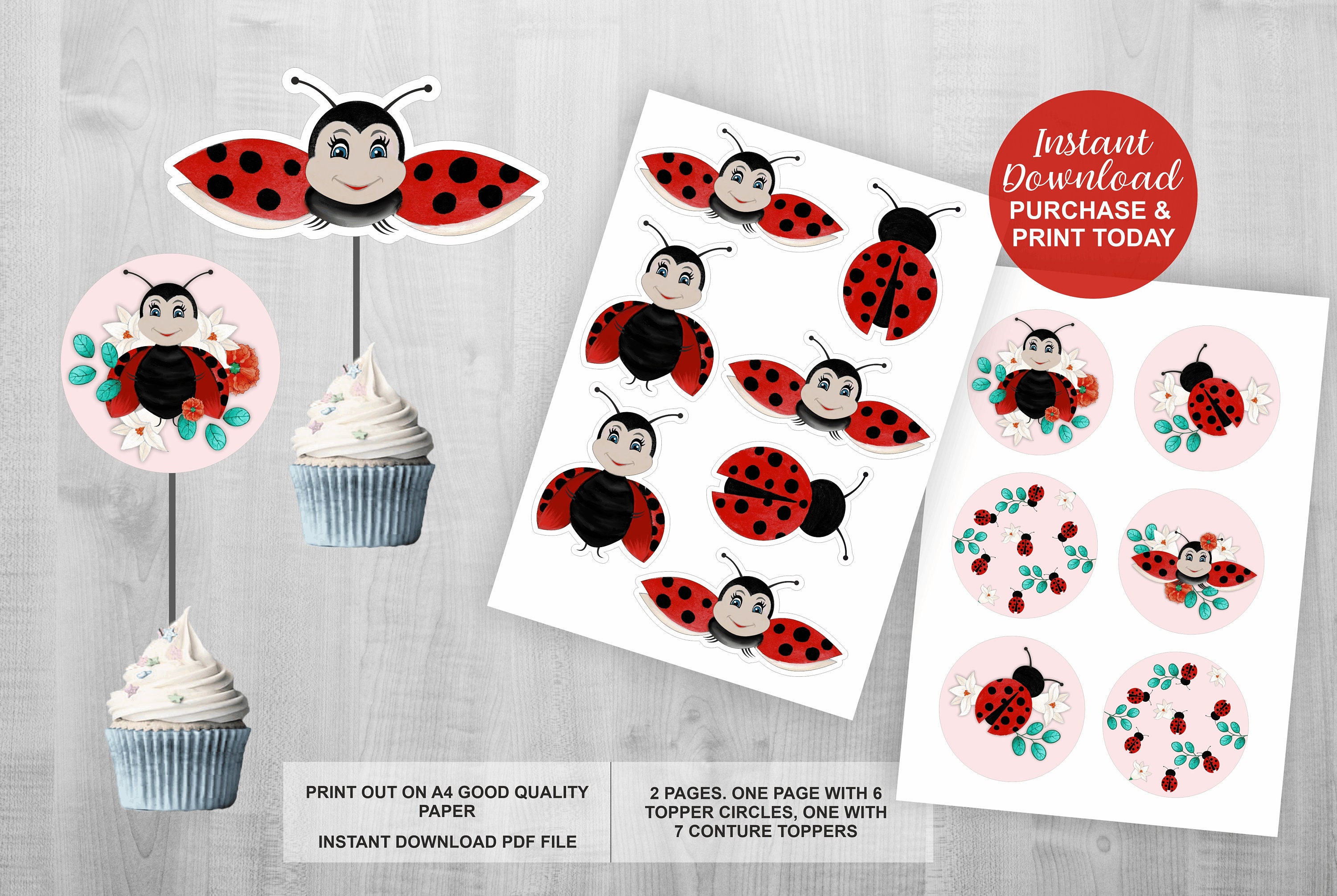 Ladybug Birthday party Cupcake Topper printable for | Etsy