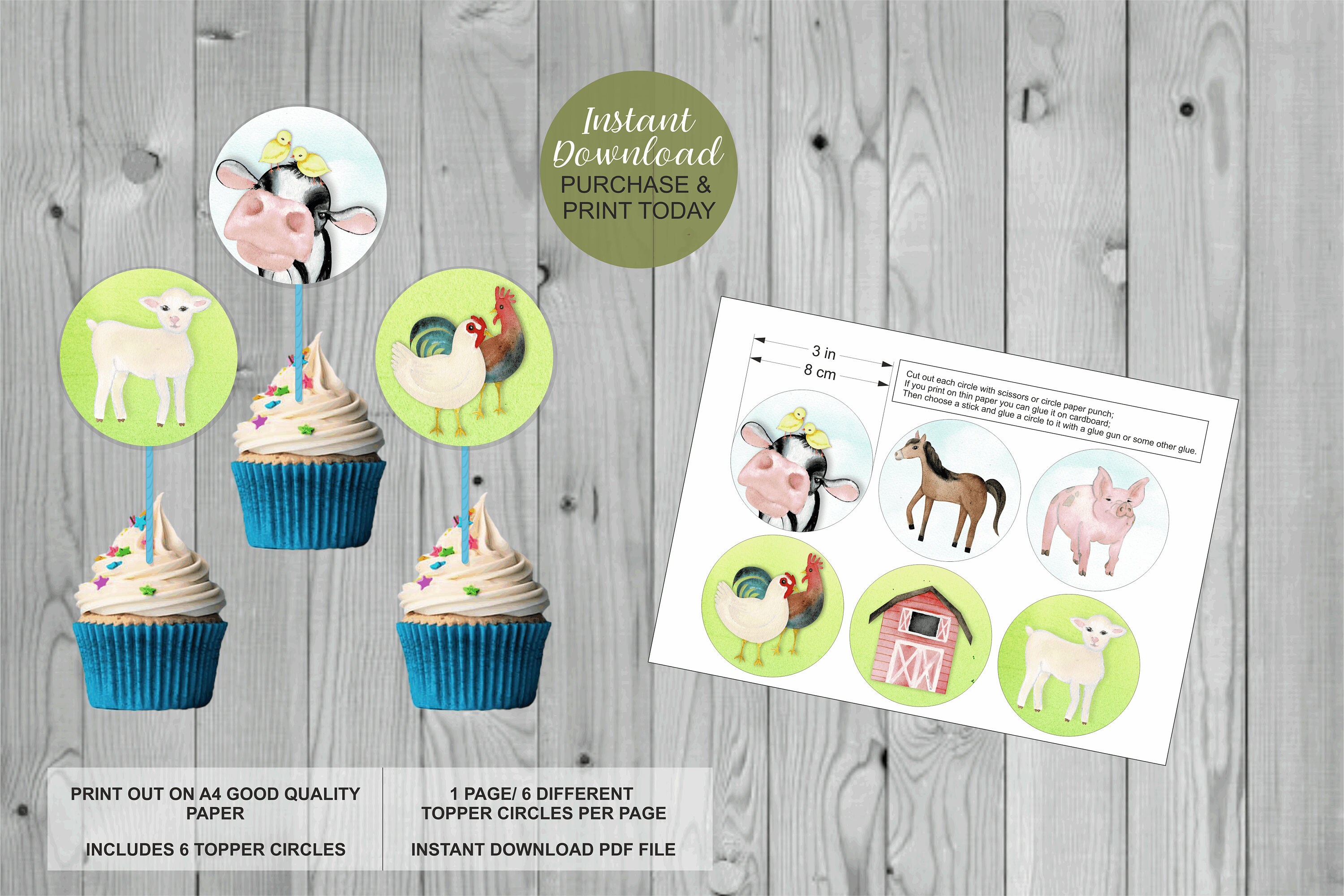 Farm Animal Birthday Cupcake Toppers for kids Digital Etsy
