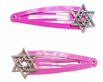 Kippah/Yarmulke Clips - Silver Star of David on Fuchsia Clips