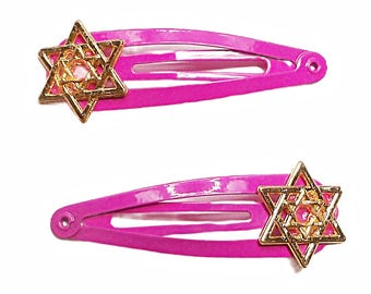 Kippah/Yarmulke Clips - Gold Star of David on Fuchsia Clips