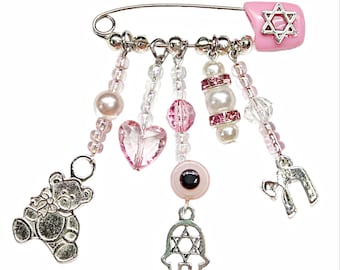 Jewish Charms Gold Baby Safety Pin in 14K Gold | Izakov Fine  Jewish stroller evil eye protection pin display picture 1