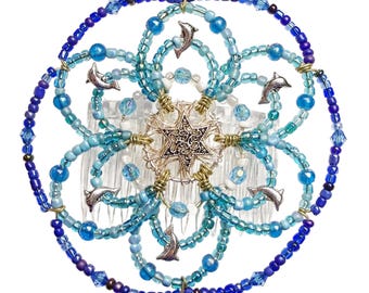 Ladies Beaded Kippah - "Dolphins in the Ocean Blue" - Jewish, Judaica, kippot, yarmulke, Bar Mitzvah, Bat Mitzvah, shul head covering