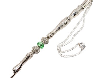 May include: A silver yad with a hand pointing upwards, adorned with green and clear crystal beads. The yad is attached to a silver chain with a star of David charm.