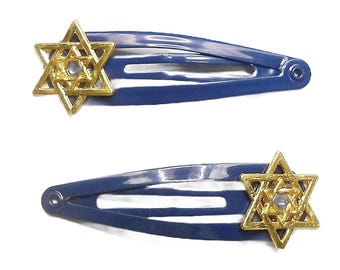 Kippah/Yarmulke Clips - Gold Star of David on Navy Blue Clips
