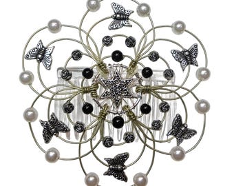 Lightweight Ladies Beaded Kippah - "Onyx with Silver Butterflies" - Jewish, Judaica, kippot, yarmulke, Bar Mitzvah, Bat Mitzvah
