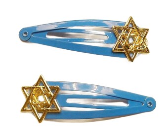 Kippah/Yarmulke Clips - Gold Star of David on Medium Blue Clips