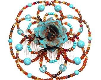 Ladies Beaded Kippah - "Apache Rose" - Jewish, Judaica, kippot, yarmulke, Bar Mitzvah, Bat Mitzvah, shul head covering
