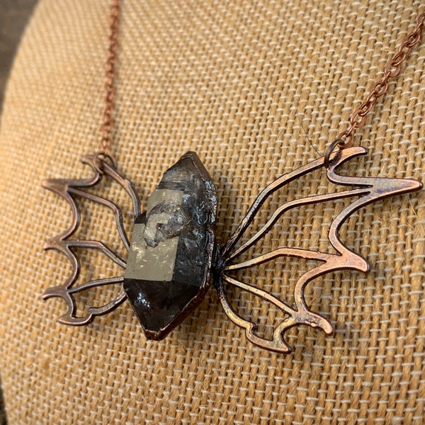 Moth Pendant | Skeletal Quartz Double Terminated Crystal | Copper Electroformed Pendant | Copper Crystal Necklace | Tibetan Quartz | Spooky