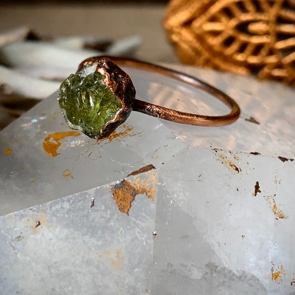 Raw Peridot Rough Gemstone Electroformed Copper Ring, August Birthstone, Antiqued Copper Ring