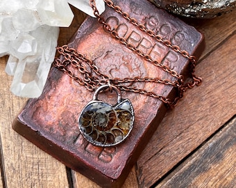 Puede incluir: Un collar de cadena de cobre con un colgante en forma de corazón que presenta un amonite fosilizado. El colgante está engastado en un marco de metal plateado.