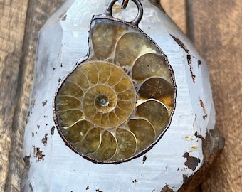 Puede incluir: Un colgante con un amonita fosilizada enmarcada en cobre, suspendida de una cadena de cobre. La amonita muestra un patrón en espiral en tonos marrones y amarillos, sobre un fondo cristalino transparente.