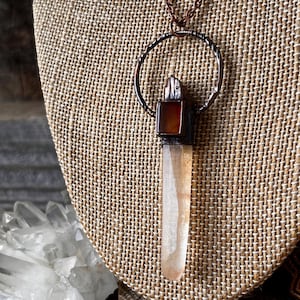 Quartz Crystal with Carnelian | Copper Electroformed Pendant | Copper Crystal Necklace | Quartz Crystal |