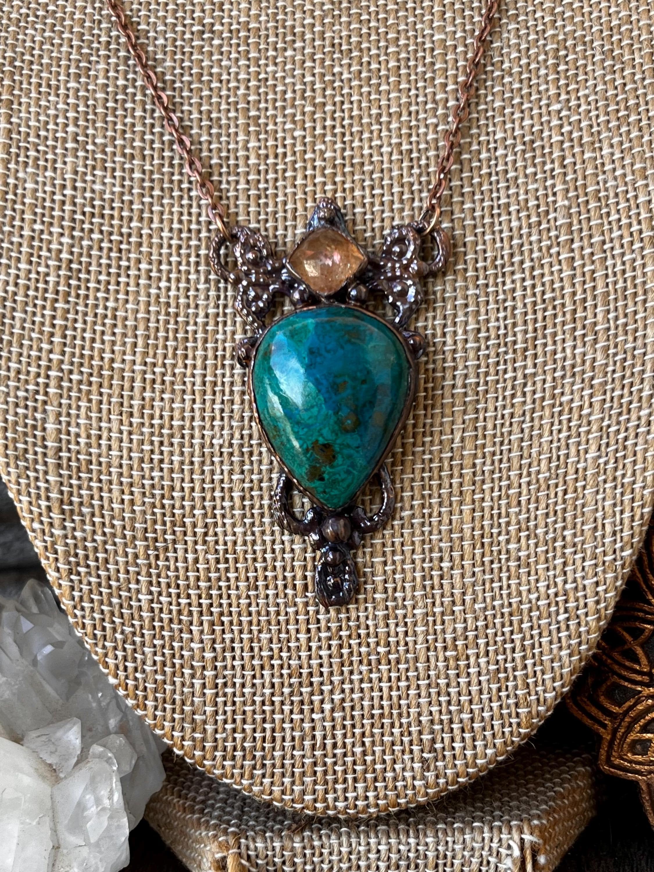 Chryscolla Pendant With Faceted Sunstone | Gemstone Necklace