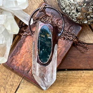 Quartz Crystal with Moss Agate  | Copper Electroformed Pendant | Copper Crystal Necklace | Quartz Crystal |