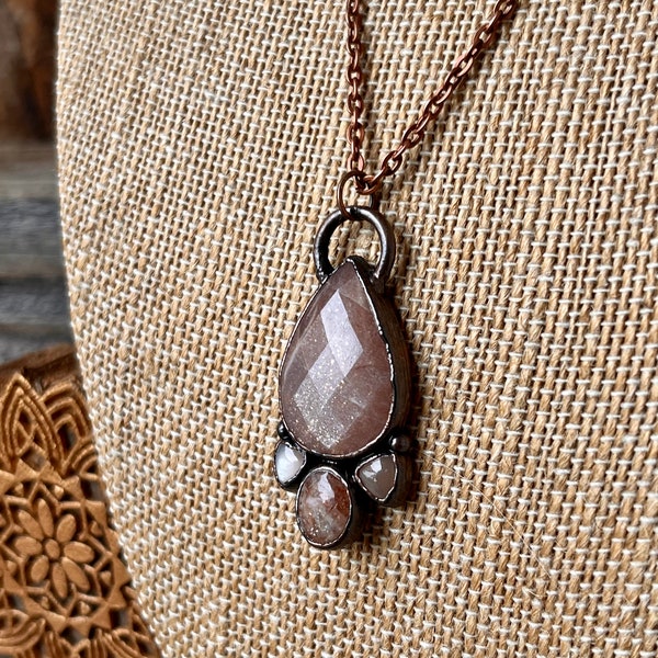 Peach Moonstone Pendant with Sunstone | Gemstone Necklace  | Moonstone Protection Amulet |