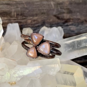 Peach Moonstone Electroformed Copper Ring Antiqued Copper Ring, Mini Moonstone Stacker