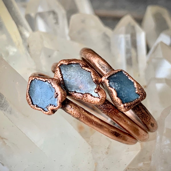 Raw Aquamarine Electroformed Copper Ring Antiqued Copper Ring | Natural Stone | Aquamarine Stacker