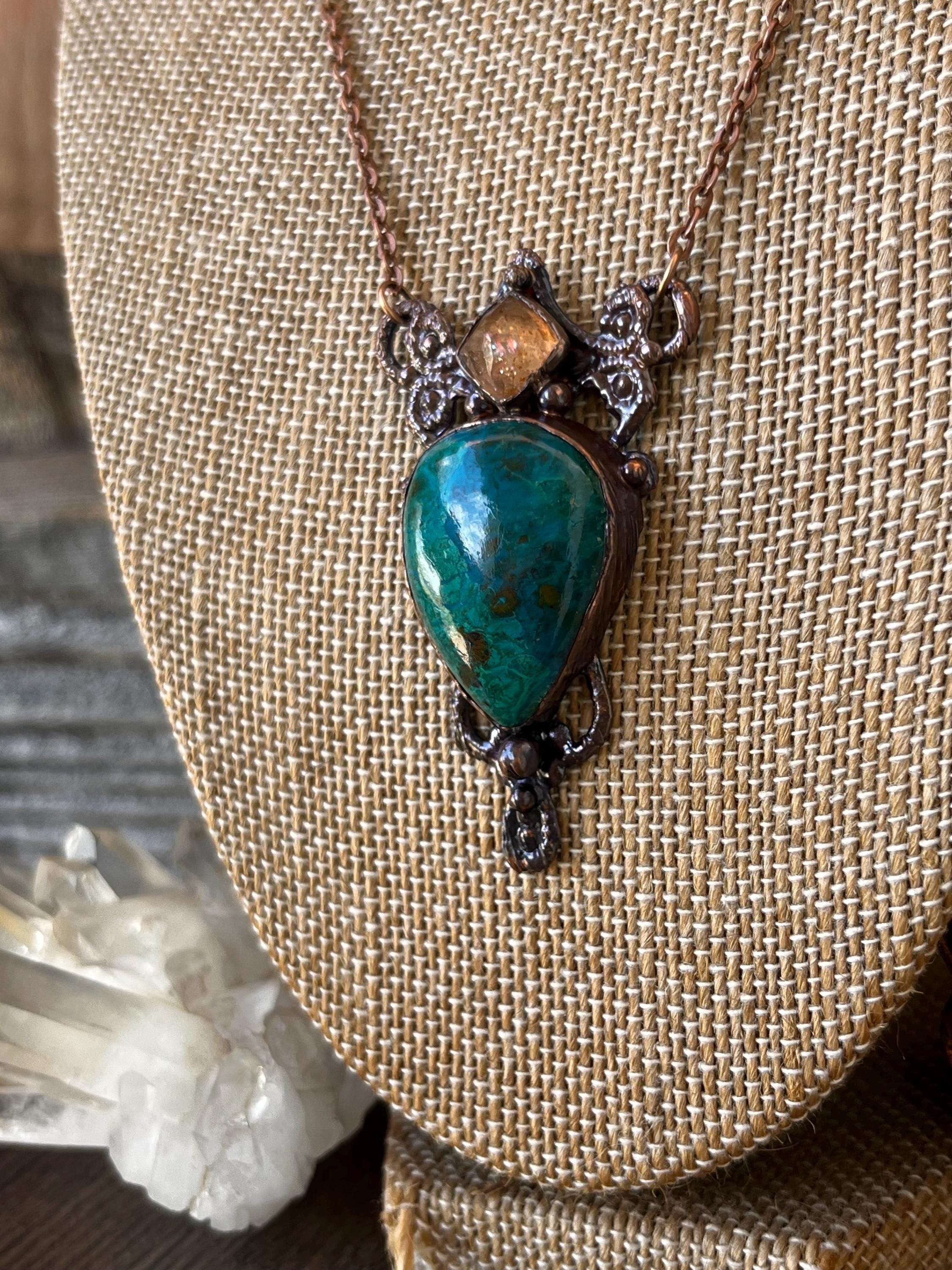 Chryscolla Pendant With Faceted Sunstone | Gemstone Necklace