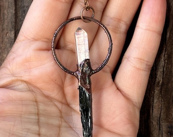 Miedziany wisiorek z wiwianitem i kwarcem | Naszyjnik z miedzianymi kamieniami szlachetnymi | Kryształowy amulet ochronny
