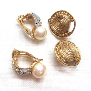Vintage Clip On Earrings: Pearl Rhinestone & Gold Tone, 2 Pairs