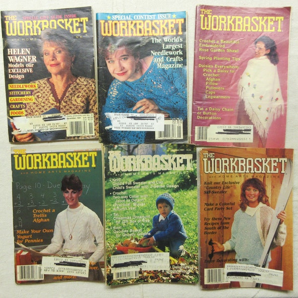 1980s Workbasket Craft Magazines. Lot of 6 issues from the 1980s. Great reference source for embroidery, crochet, tatting, knitting, etc