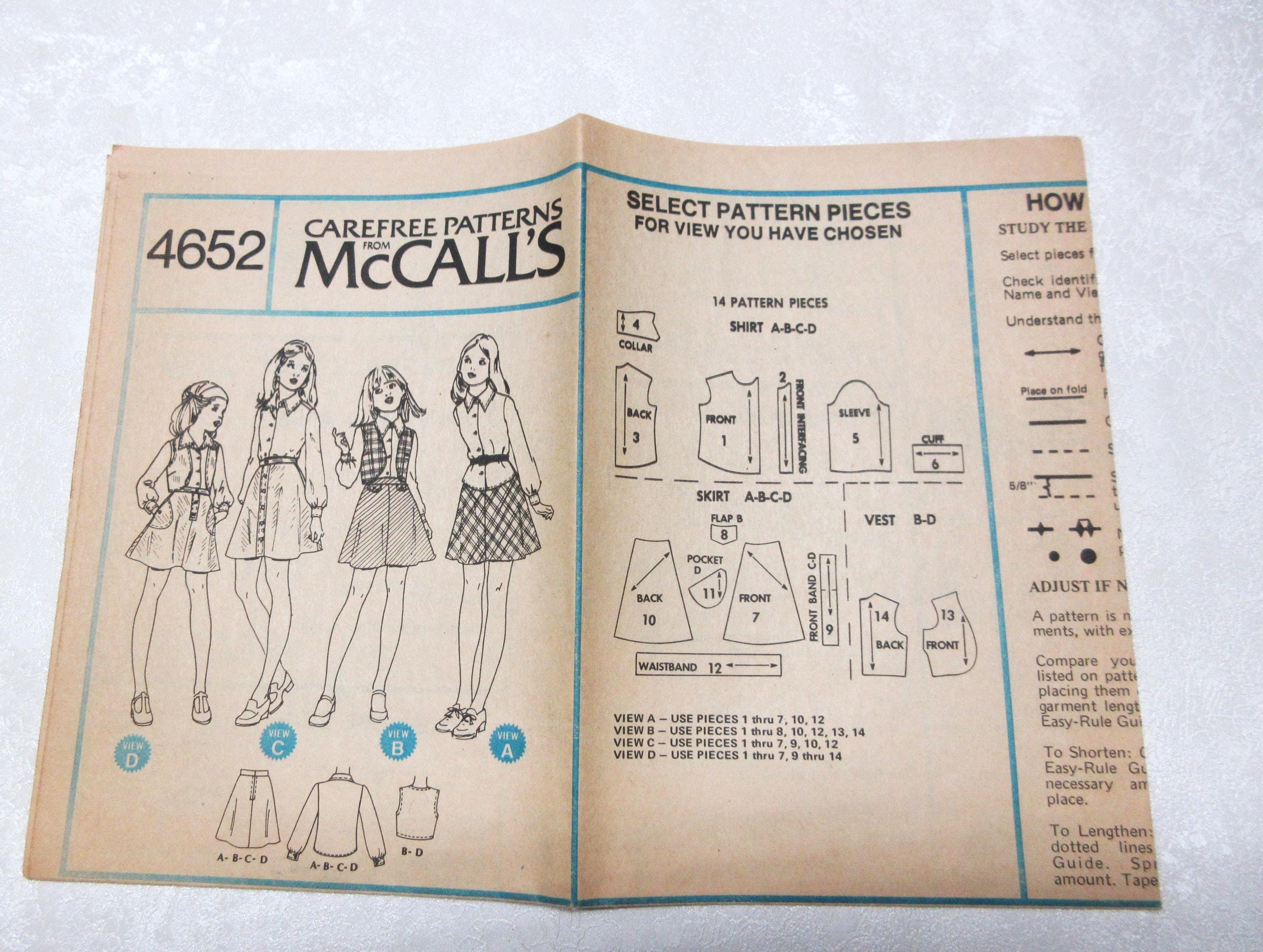 1970s Girls Size 10 Shirt, Skirt Pattern, Bust 28 1/2