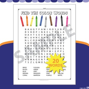 Colors Word Search Puzzle | Art Class Activity Grades 3+ | Kids Fun Worksheet | Word Find Puzzle