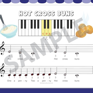 Hot Cross Buns | Easy Beginner Piano Sheet for Kids | Printable Song | First Piano Lesson | Downloadable | Easy to Learn Notes