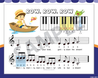 May include: A colorful musical sheet with the lyrics "Row, Row, Row Your Boat." The illustration features a boy in a boat, a piano keyboard, and musical notes. A green frog sits atop the keyboard. The sheet music is designed for beginners.