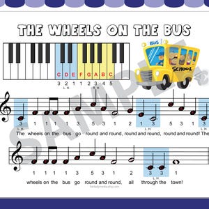 Wheels on the Bus | Beginner Piano Sheet for Kids | Fun Printable Music | Learn Piano Fast | Downloadable | Easy to Learn Notes