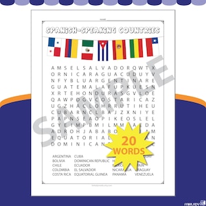 Spanish-Speaking Countries Word Search Puzzle | Spanish Class Activity Grades 6+ | Word Find