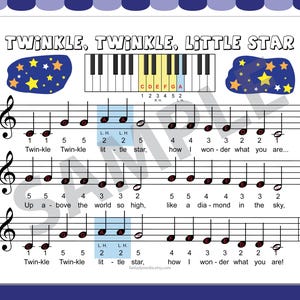 May include: Sheet music for "Twinkle, Twinkle, Little Star" with a piano keyboard diagram and star illustrations. The musical notes are displayed on a staff, with lyrics below. The title is at the top.